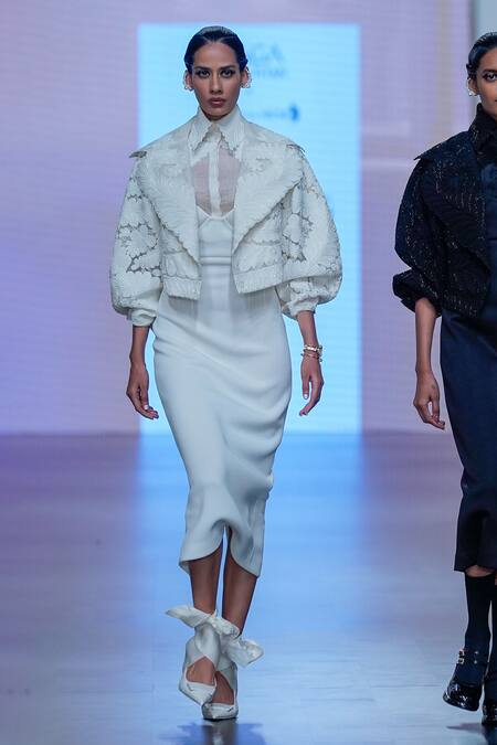 Shop_Pankaj & Nidhi_Ivory Tulle, Silk Organza Pearls Shawl Neck Yin Yang Cord Work Bomber Jacket _Online_at_Aza_Fashions