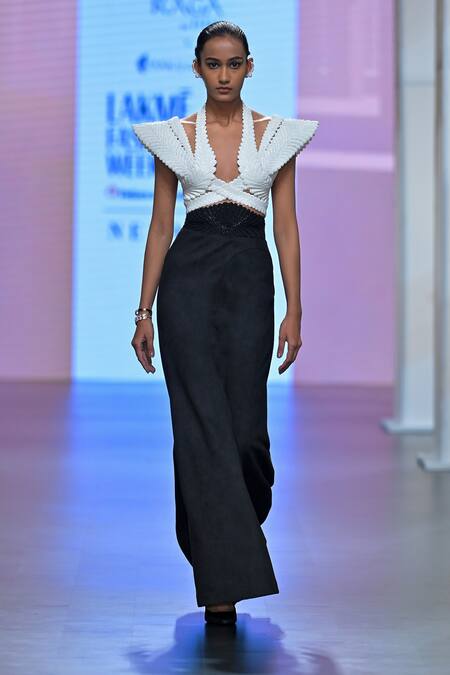 Buy Pankaj & Nidhi Ivory Satin Embroidery Plunge Neck Warrior Goddess Criss-cross Harness Online at Aza Fashions Buy_Pankaj & Nidhi_Ivory Satin Embroidery Plunge Neck Warrior Goddess Criss-cross Harness _Online_at_Aza_Fashions