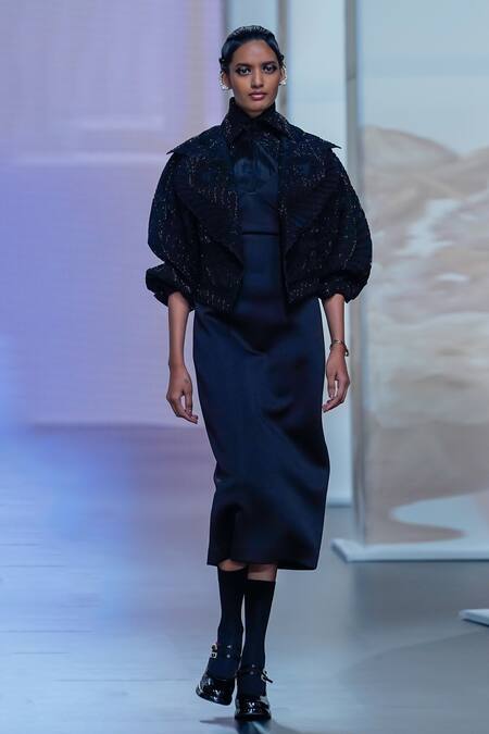 Shop_Pankaj & Nidhi_Black Tulle, Silk Organza Pearls Shawl Yin Yang Cord Work Cropped Bomber Jacket _Online_at_Aza_Fashions