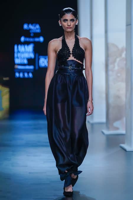 Pankaj & Nidhi_Black Organza, Satin Embroidery Mayan Goddess Embellished Harness Crop Top _Online_at_Aza_Fashions