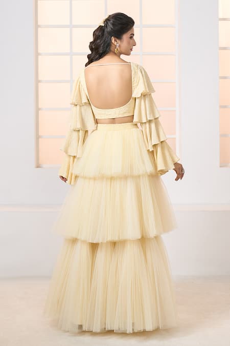 Shop Aariyana Couture Yellow Viscose, Net Embroidery Sweetheart Neck Layered Skirt Blouse Set at Aza Fashions Shop_Aariyana Couture_Yellow Viscose, Net Embroidery Sweetheart Neck Layered Skirt Blouse Set_at_Aza_Fashions