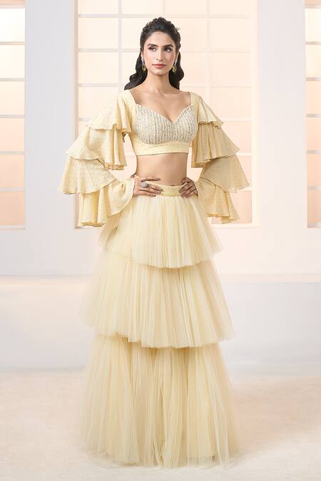 Aariyana Couture Yellow Viscose, Net Embroidery Sweetheart Neck Layered Skirt Blouse Set Online at Aza Fashions Aariyana Couture_Yellow Viscose, Net Embroidery Sweetheart Neck Layered Skirt Blouse Set_Online_at_Aza_Fashions