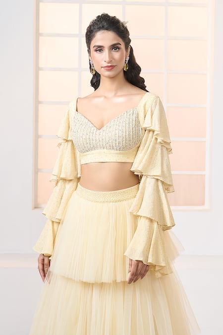 Buy Aariyana Couture Yellow Viscose, Net Embroidery Sweetheart Neck Layered Skirt Blouse Set Online at Aza Fashions Buy_Aariyana Couture_Yellow Viscose, Net Embroidery Sweetheart Neck Layered Skirt Blouse Set_Online_at_Aza_Fashions