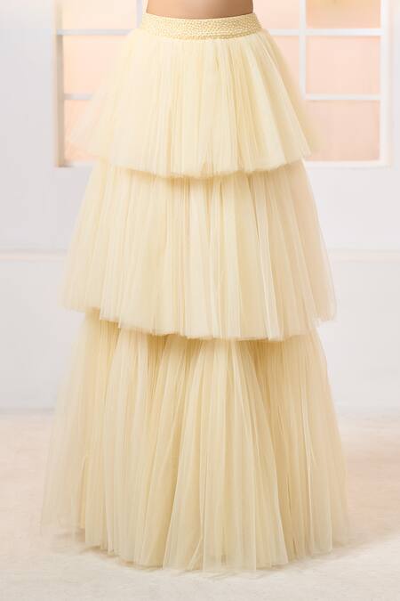 Shop Aariyana Couture Yellow Viscose, Net Embroidery Sweetheart Neck Layered Skirt Blouse Set Online at Aza Fashions Shop_Aariyana Couture_Yellow Viscose, Net Embroidery Sweetheart Neck Layered Skirt Blouse Set_Online_at_Aza_Fashions