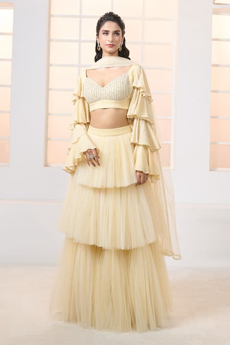 Aariyana Couture Yellow Viscose, Net Embroidery Sweetheart Neck Layered Skirt Blouse Set at Aza Fashions Aariyana Couture_Yellow Viscose, Net Embroidery Sweetheart Neck Layered Skirt Blouse Set_at_Aza_Fashions