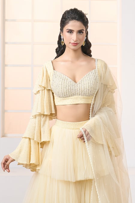 Buy Aariyana Couture Yellow Viscose, Net Embroidery Sweetheart Neck Layered Skirt Blouse Set Buy_Aariyana Couture_Yellow Viscose, Net Embroidery Sweetheart Neck Layered Skirt Blouse Set