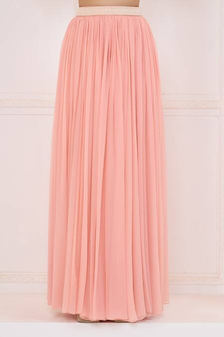 Aariyana Couture_Peach Satin, Organza, Chiffon Sequins, Scalloped Embroidered Jacket And Skirt Set_Online_at_Aza_Fashions