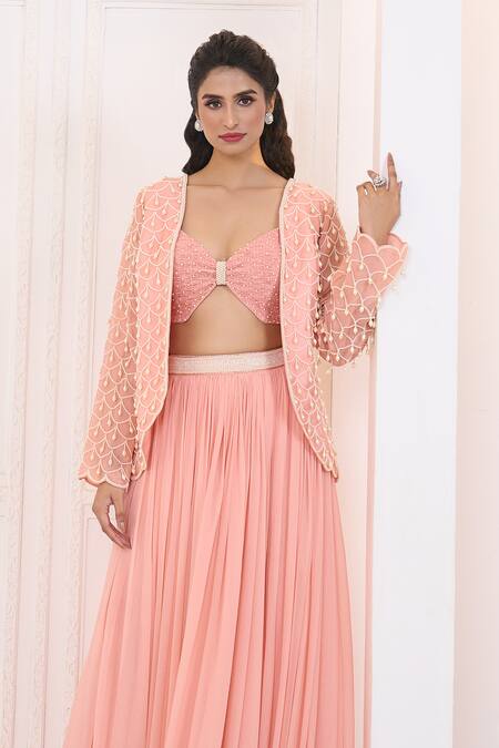 Aariyana Couture_Peach Satin, Organza, Chiffon Sequins, Scalloped Embroidered Jacket And Skirt Set_at_Aza_Fashions
