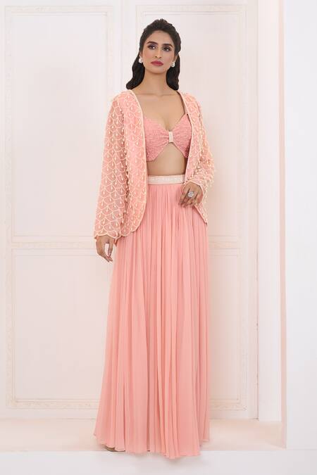 Buy_Aariyana Couture_Peach Satin, Organza, Chiffon Sequins, Scalloped Embroidered Jacket And Skirt Set