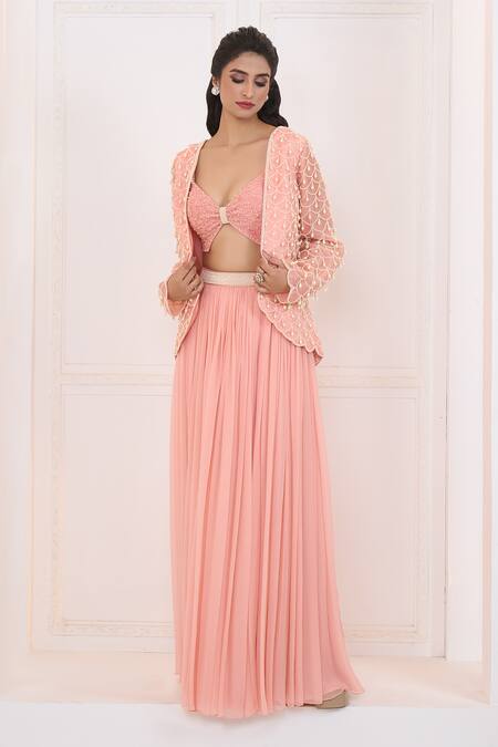 Shop_Aariyana Couture_Peach Satin, Organza, Chiffon Sequins, Scalloped Embroidered Jacket And Skirt Set