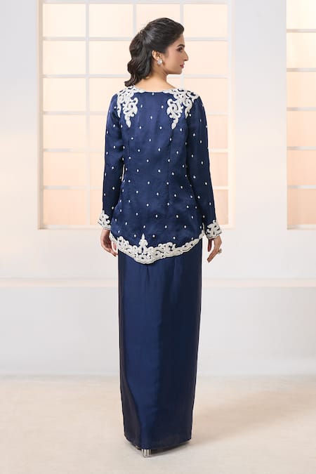 Aariyana Couture_Blue Embroidered Navy Jacket And Dhoti Skirt Set _Online_at_Aza_Fashions