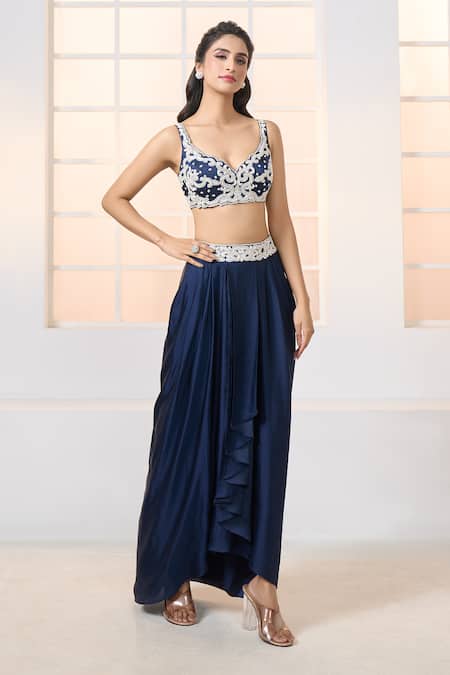 Shop_Aariyana Couture_Blue Embroidered Navy Jacket And Dhoti Skirt Set _Online_at_Aza_Fashions