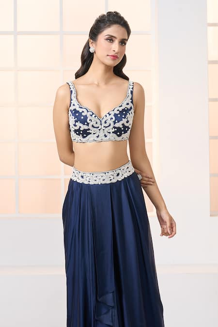 Aariyana Couture_Blue Embroidered Navy Jacket And Dhoti Skirt Set _at_Aza_Fashions