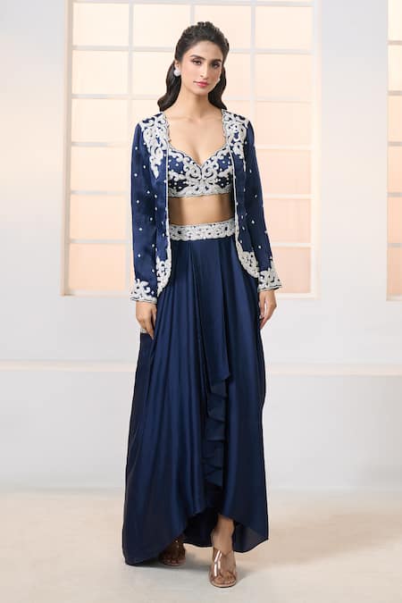 Buy_Aariyana Couture_Blue Embroidered Navy Jacket And Dhoti Skirt Set 