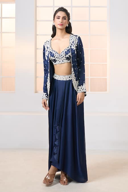 Shop_Aariyana Couture_Blue Embroidered Navy Jacket And Dhoti Skirt Set 