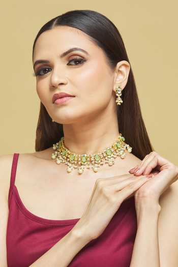 Shop_Nepra By Neha Goel_Gold Plated Pearls Kundan Embellished Choker Necklace With Earrings_Online_at_Aza_Fashions