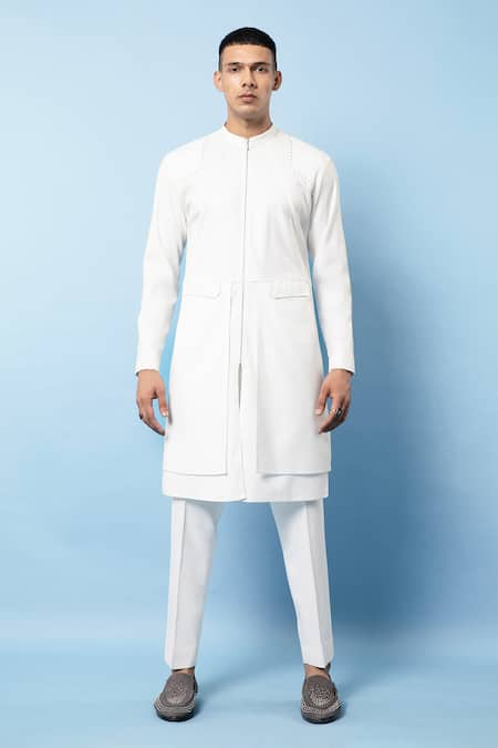 Rohit Gandhi + Rahul Khanna Off White Cotton Embellished Metal Stud Work Asymmetric Panelled Kurta 