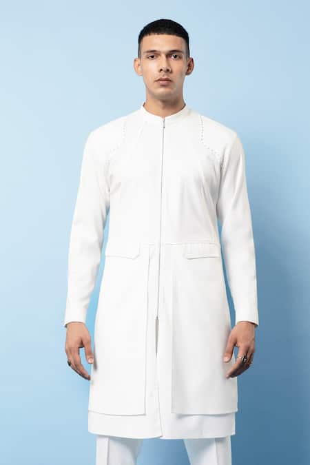 Shop Rohit Gandhi + Rahul Khanna Off White Cotton Embellished Metal Stud Work Asymmetric Panelled Kurta at Aza Fashions Shop_Rohit Gandhi + Rahul Khanna_Off White Cotton Embellished Metal Stud Work Asymmetric Panelled Kurta _at_Aza_Fashions