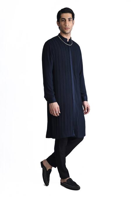 Rohit Gandhi + Rahul Khanna_Blue Georgette Embedded Cut Dana Work Yoke Kurta _Online_at_Aza_Fashions