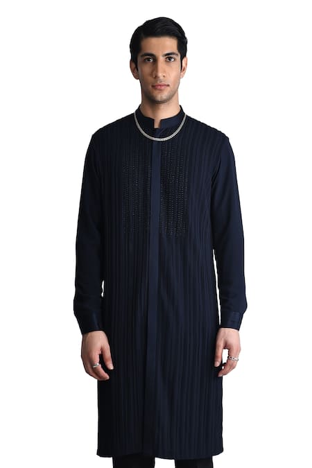 Buy_Rohit Gandhi + Rahul Khanna_Blue Georgette Embedded Cut Dana Work Yoke Kurta _Online_at_Aza_Fashions