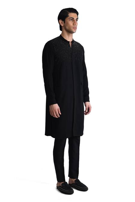 Rohit Gandhi + Rahul Khanna_Black Crepe Embroidered Crystal Cut Dana Work Yoke Kurta _Online_at_Aza_Fashions