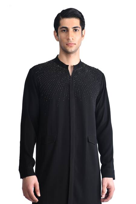 Buy_Rohit Gandhi + Rahul Khanna_Black Crepe Embroidered Crystal Cut Dana Work Yoke Kurta _Online_at_Aza_Fashions