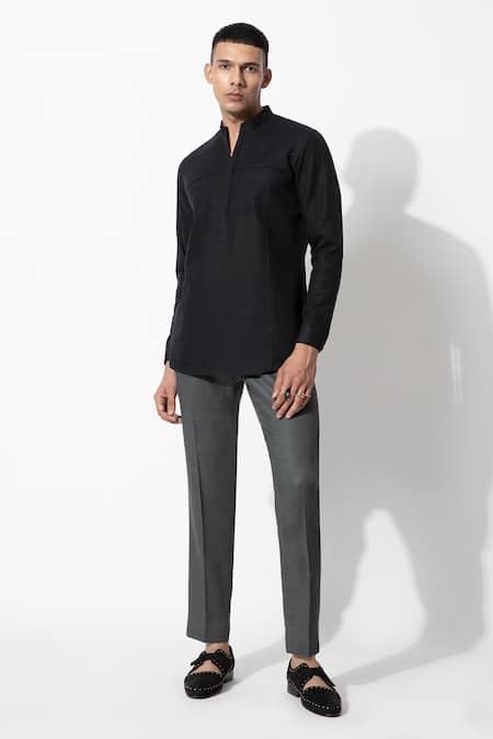 Rohit Gandhi + Rahul Khanna Blue Linen Plain Mandarin Collar Short Kurta 