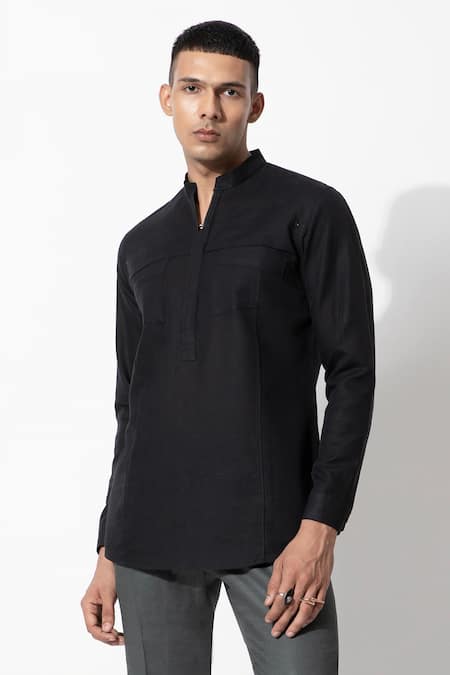 Shop Rohit Gandhi + Rahul Khanna Blue Linen Plain Mandarin Collar Short Kurta at Aza Fashions Shop_Rohit Gandhi + Rahul Khanna_Blue Linen Plain Mandarin Collar Short Kurta _at_Aza_Fashions