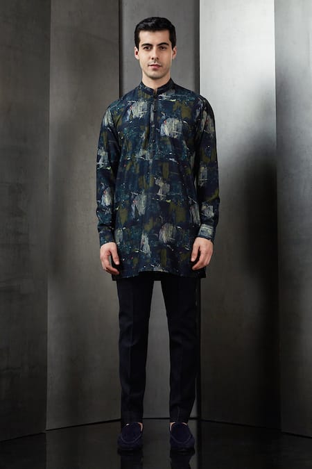 Rohit Gandhi + Rahul Khanna Blue Silk Printed Big Glitch Tropical Kurta 