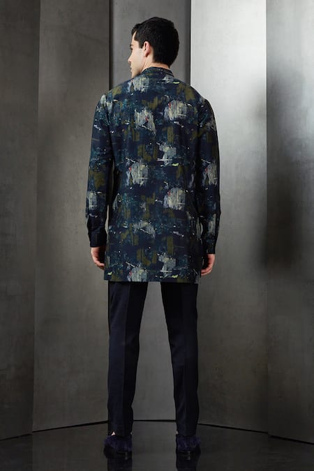 Shop Rohit Gandhi + Rahul Khanna Blue Silk Printed Big Glitch Tropical Kurta at Aza Fashions Shop_Rohit Gandhi + Rahul Khanna_Blue Silk Printed Big Glitch Tropical Kurta _at_Aza_Fashions