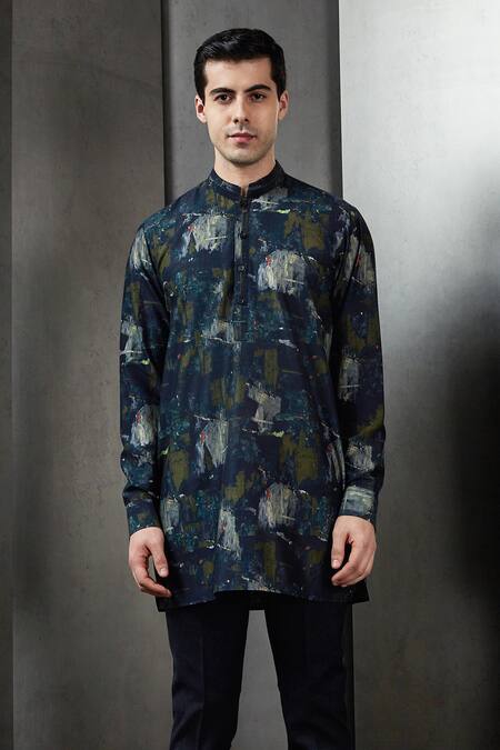 Rohit Gandhi + Rahul Khanna Blue Silk Printed Big Glitch Tropical Kurta Online at Aza Fashions Rohit Gandhi + Rahul Khanna_Blue Silk Printed Big Glitch Tropical Kurta _Online_at_Aza_Fashions