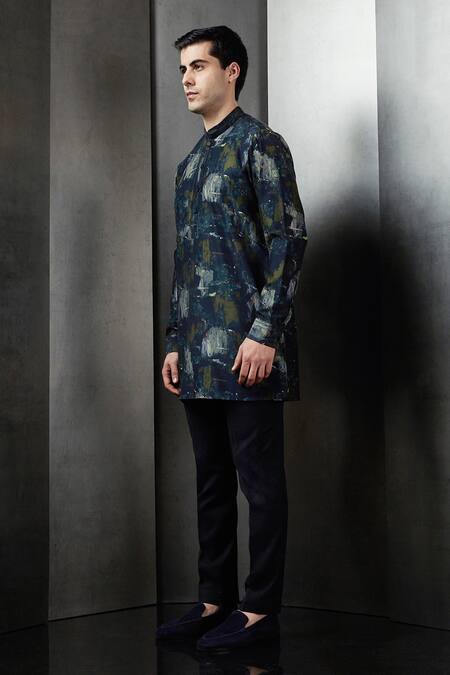 Buy Rohit Gandhi + Rahul Khanna Blue Silk Printed Big Glitch Tropical Kurta Online at Aza Fashions Buy_Rohit Gandhi + Rahul Khanna_Blue Silk Printed Big Glitch Tropical Kurta _Online_at_Aza_Fashions