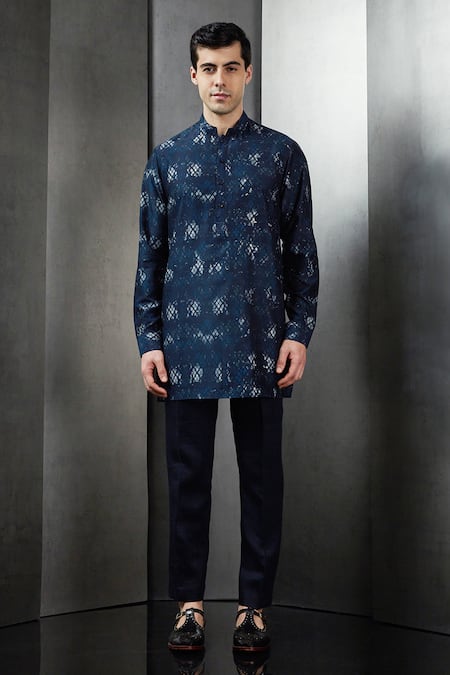 Rohit Gandhi + Rahul Khanna Blue Silk Printed Rolling Boxes Geometric Kurta 