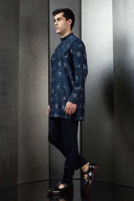 Buy Rohit Gandhi + Rahul Khanna Blue Silk Printed Rolling Boxes Geometric Kurta Online at Aza Fashions Buy_Rohit Gandhi + Rahul Khanna_Blue Silk Printed Rolling Boxes Geometric Kurta _Online_at_Aza_Fashions