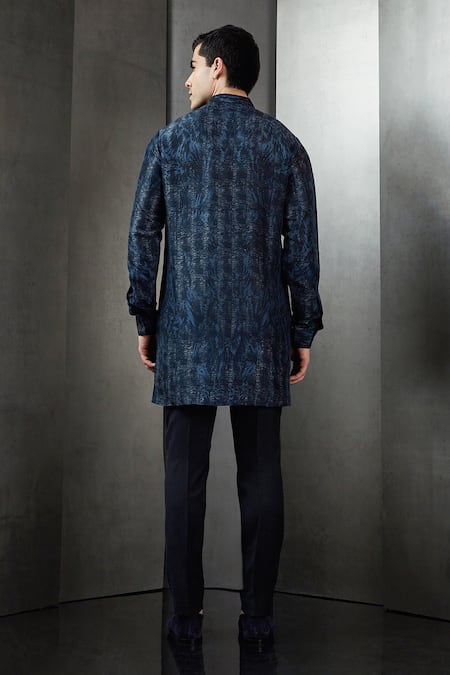 Shop Rohit Gandhi + Rahul Khanna Blue Viscose Feather Textured Print Short Kurta at Aza Fashions Shop_Rohit Gandhi + Rahul Khanna_Blue Viscose Feather Textured Print Short Kurta _at_Aza_Fashions
