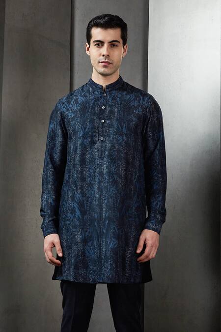 Rohit Gandhi + Rahul Khanna Blue Viscose Feather Textured Print Short Kurta Online at Aza Fashions Rohit Gandhi + Rahul Khanna_Blue Viscose Feather Textured Print Short Kurta _Online_at_Aza_Fashions
