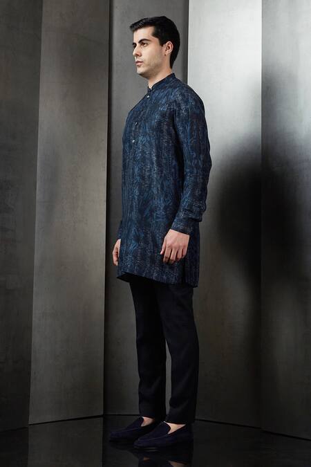 Buy Rohit Gandhi + Rahul Khanna Blue Viscose Feather Textured Print Short Kurta Online at Aza Fashions Buy_Rohit Gandhi + Rahul Khanna_Blue Viscose Feather Textured Print Short Kurta _Online_at_Aza_Fashions