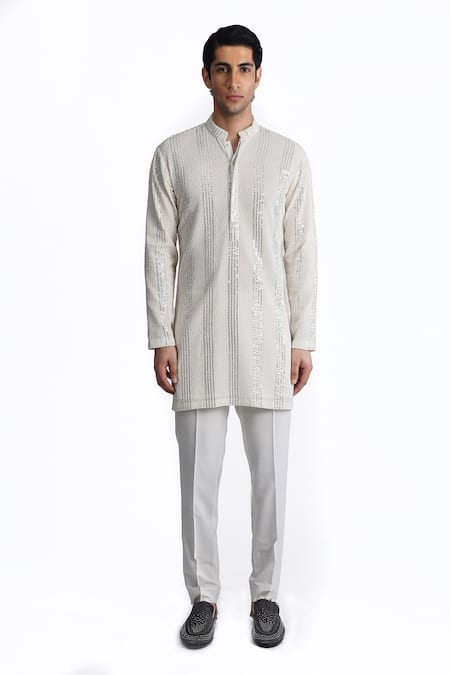 Rohit Gandhi + Rahul Khanna Chikankari Thread Embroidered Short Kurta 