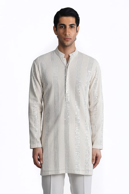 Rohit Gandhi + Rahul Khanna Chikankari Thread Embroidered Short Kurta 