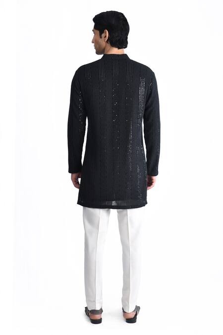Buy_Rohit Gandhi + Rahul Khanna_Black Embroidered Thread And Sequin Work Short Kurta _Online_at_Aza_Fashions