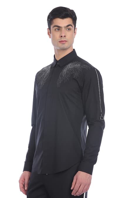 Rohit Gandhi + Rahul Khanna_Blue Cotton Embroidery Wing Placement Shirt _Online_at_Aza_Fashions