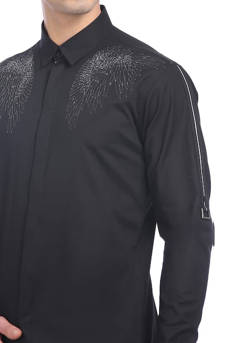 Buy_Rohit Gandhi + Rahul Khanna_Blue Cotton Embroidery Wing Placement Shirt _Online_at_Aza_Fashions