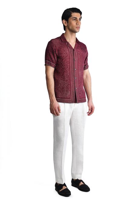 Rohit Gandhi + Rahul Khanna_Maroon Viscose Embroidery Geometric Thread Shirt _Online_at_Aza_Fashions