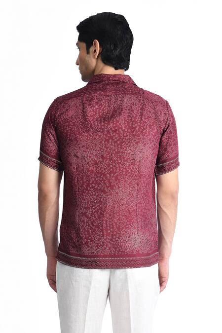 Buy_Rohit Gandhi + Rahul Khanna_Maroon Viscose Embroidery Geometric Thread Shirt _Online_at_Aza_Fashions