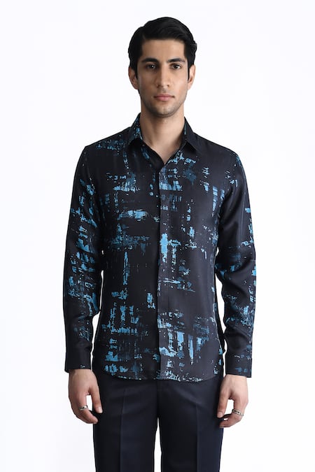 Rohit Gandhi + Rahul Khanna_Blue Silk Flamboyant Glitch Print Shirt _Online_at_Aza_Fashions