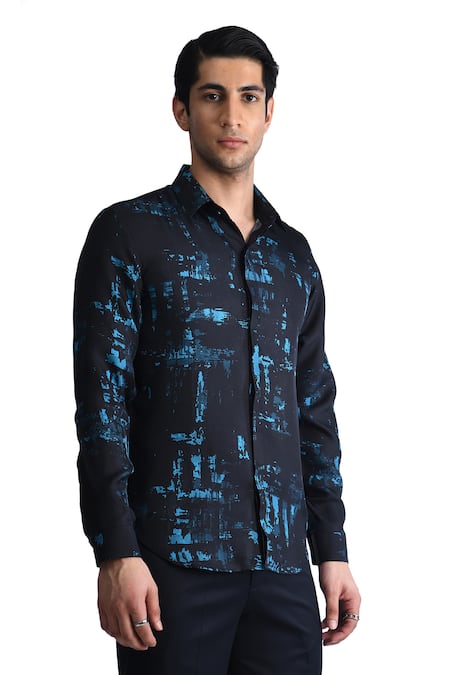 Buy_Rohit Gandhi + Rahul Khanna_Blue Silk Flamboyant Glitch Print Shirt _Online_at_Aza_Fashions
