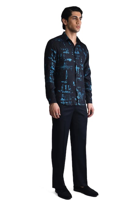 Shop_Rohit Gandhi + Rahul Khanna_Blue Silk Flamboyant Glitch Print Shirt _Online_at_Aza_Fashions