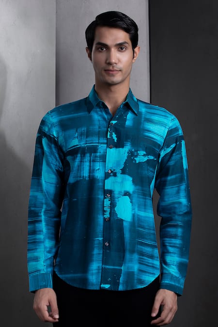 Shop Rohit Gandhi + Rahul Khanna Blue Silk Flamboyant Glitch Print Shirt at Aza Fashions Shop_Rohit Gandhi + Rahul Khanna_Blue Silk Flamboyant Glitch Print Shirt _at_Aza_Fashions