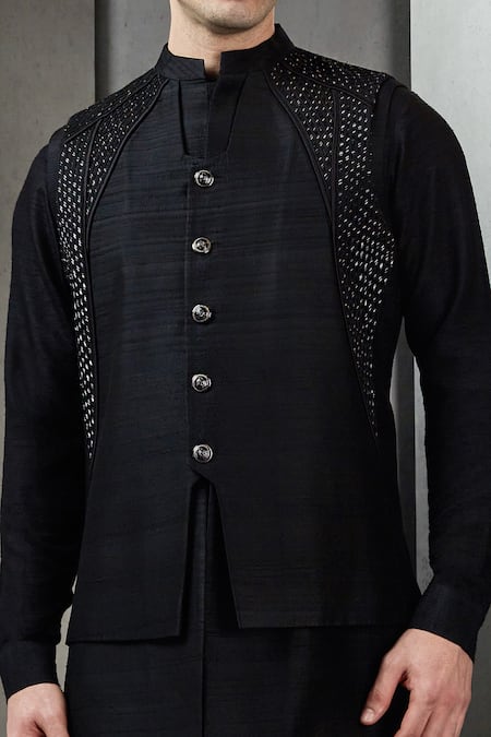 Rohit Gandhi + Rahul Khanna_Black Cotton Embroidery Nalki Double Layered Bundi _Online_at_Aza_Fashions