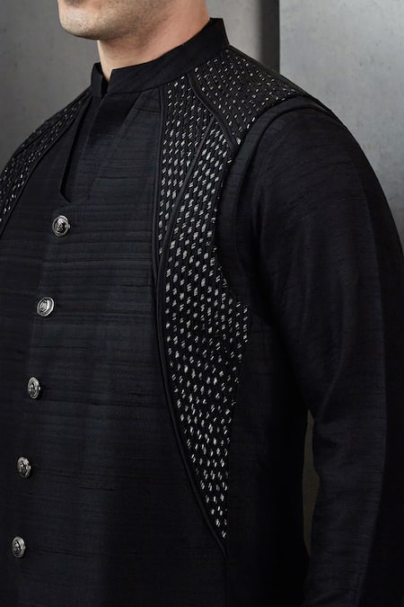 Buy_Rohit Gandhi + Rahul Khanna_Black Cotton Embroidery Nalki Double Layered Bundi _Online_at_Aza_Fashions